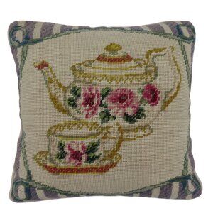 Teapot Teacup Saucer Needlepoint Pink Rose Flower Floral Striped Throw Pillow